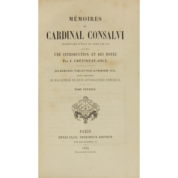 Memoires du cardinal Consalvi secretaire d'Etat du pape Pie VII