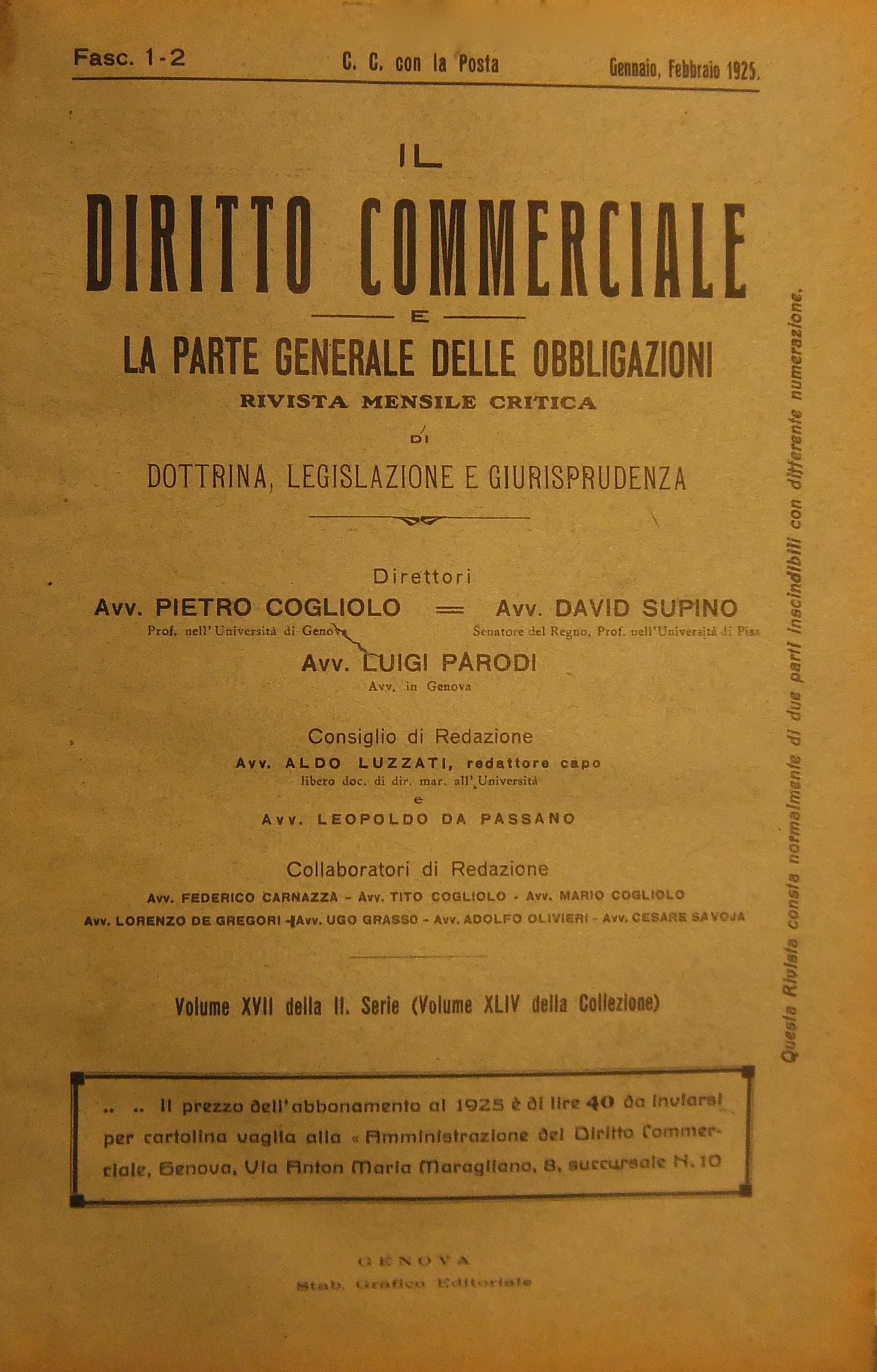 Il Diritto Commerciale e la parte generale delle obbligazioni. Diretta da: P.  Cogliolo, D. Supino, L. Parodi.